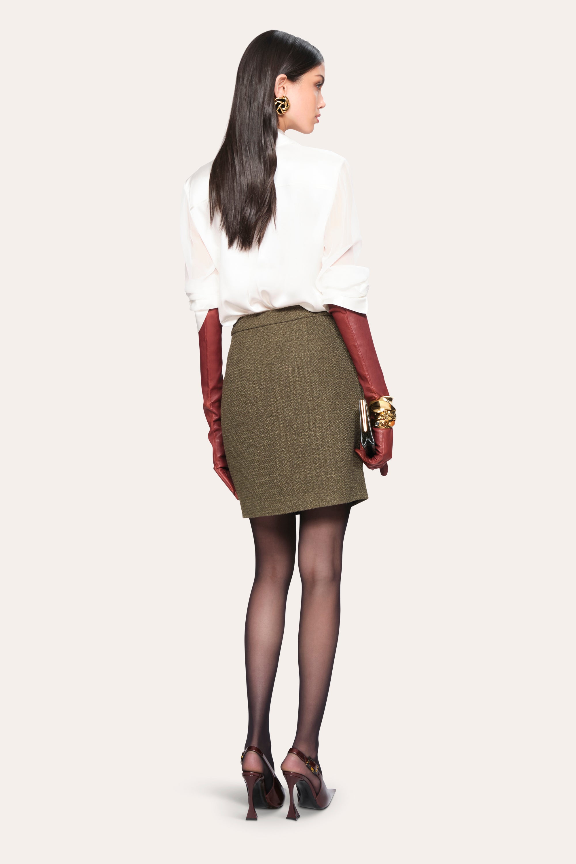 Elie Tahari Ella Tweed spódnica oliwkowa tweedowa