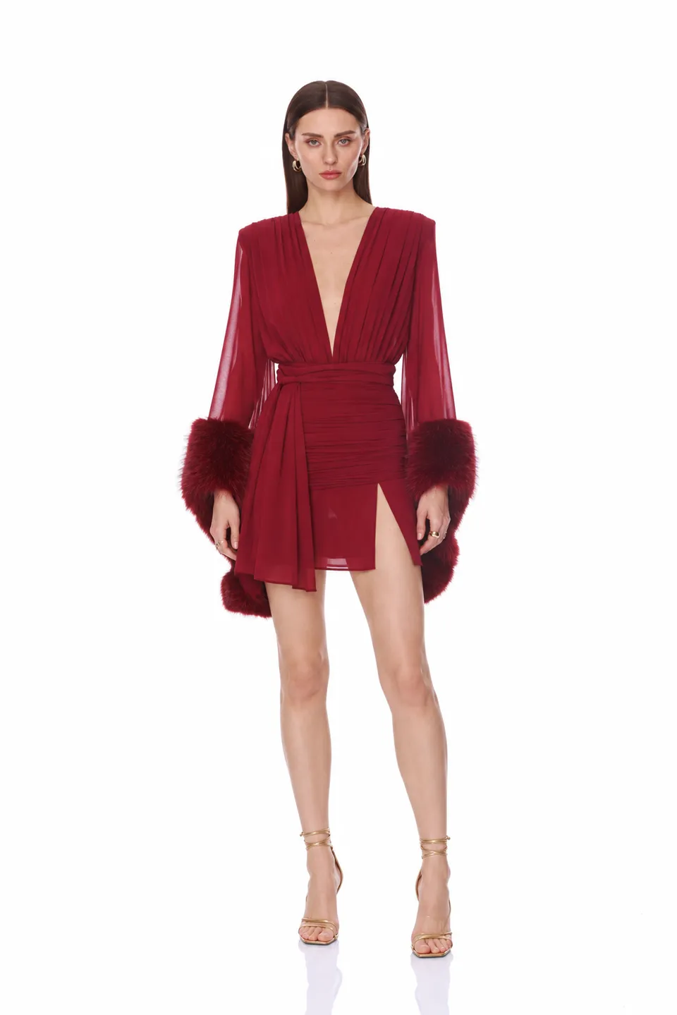 Bronx and Banco Chiffon Faux Fur bordowa sukienka mini z futrem