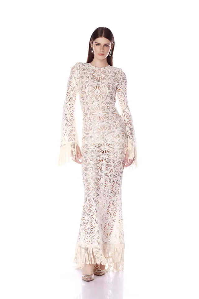 Bronx and Banco Mia Crochet sukienka wieczorowa Cream maxi ażurowa