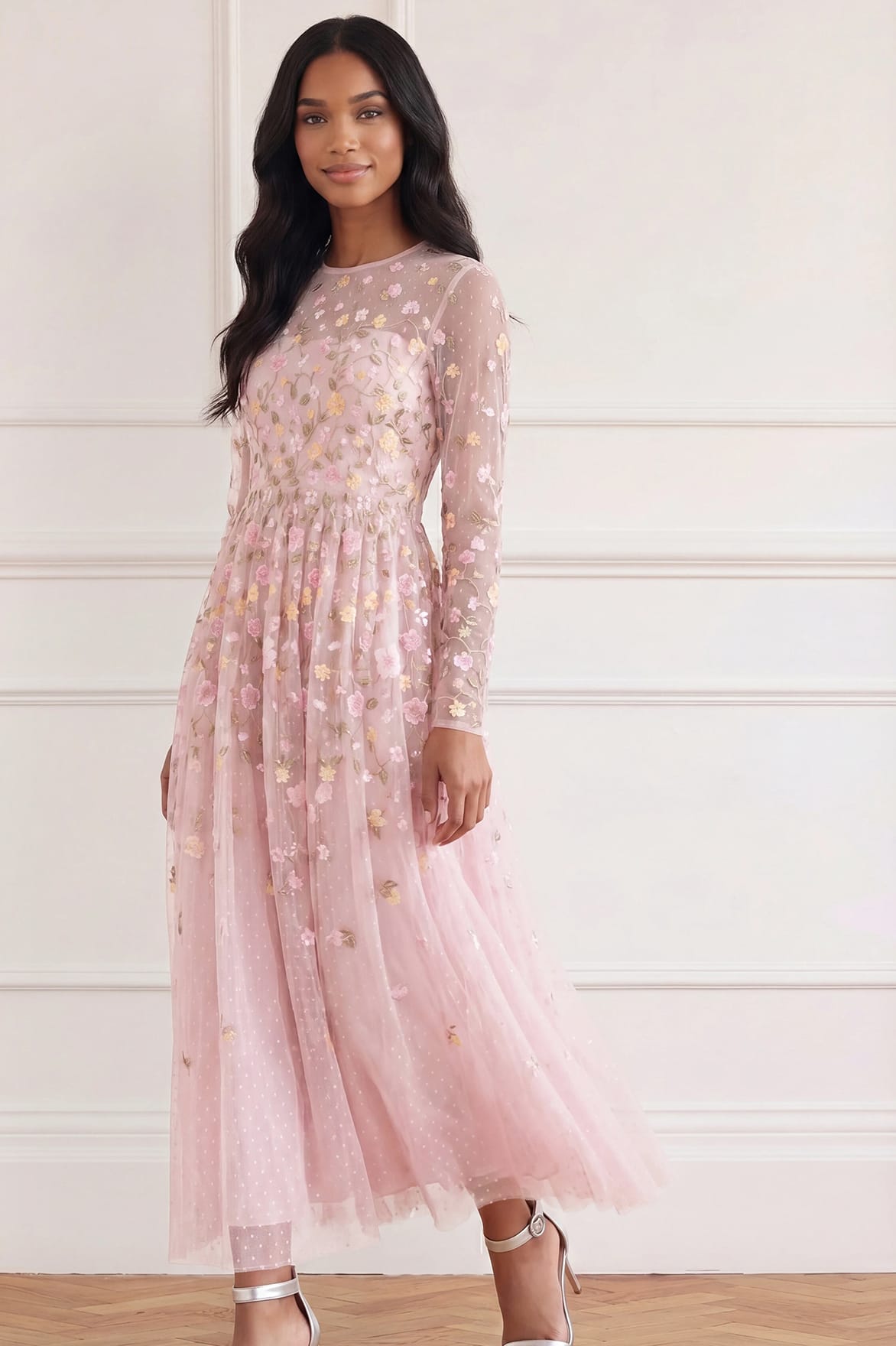 Needle & Thread Trailing Roses Long Sleeve Ankle Gown różowa