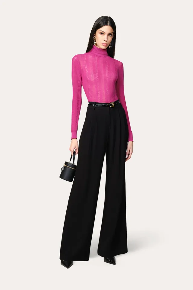 Elie Tahari Silk Pointelle Turtleneck sweter wełniany Purpink