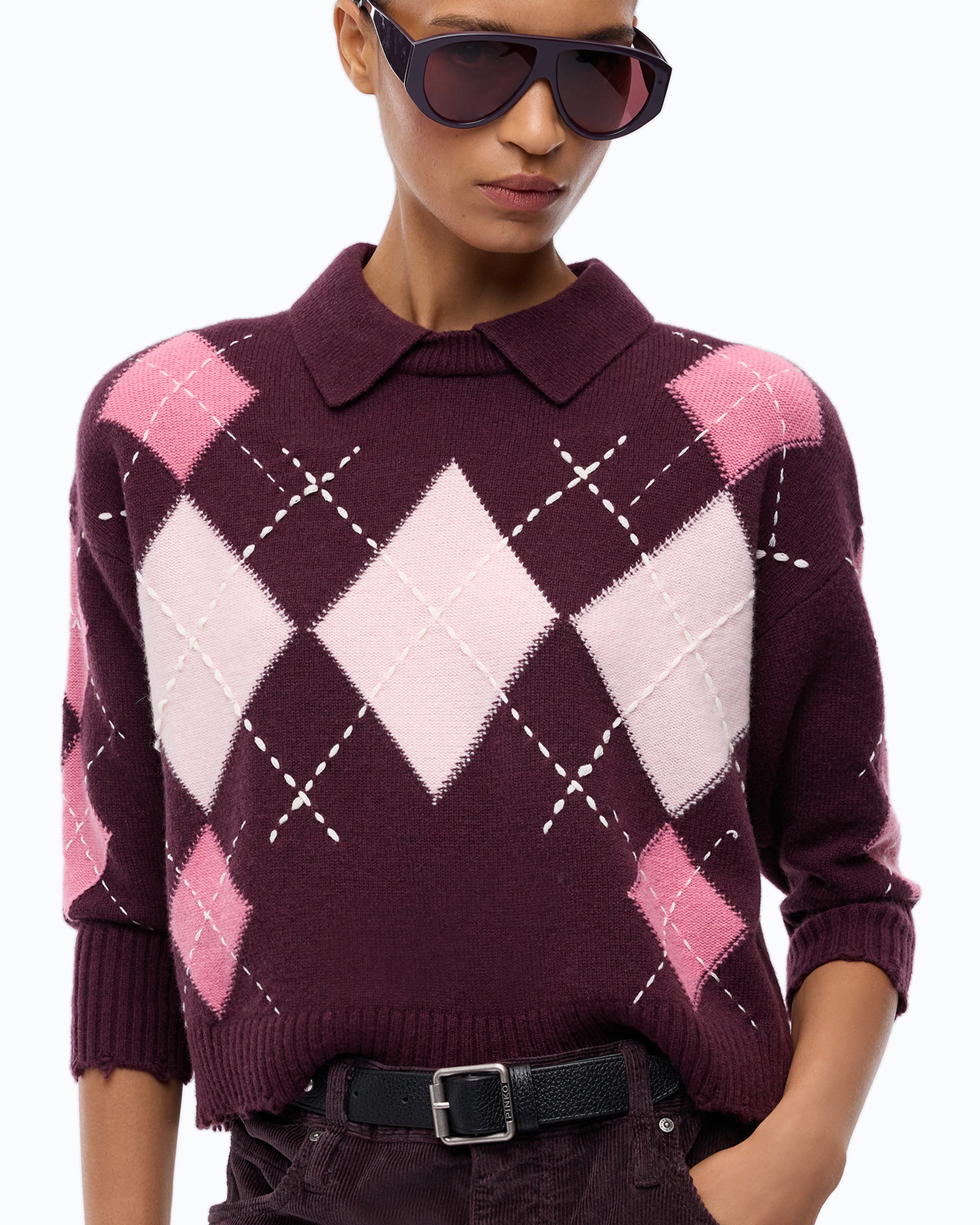 Pinko Cork sweter wełna kaszmir romby polo
