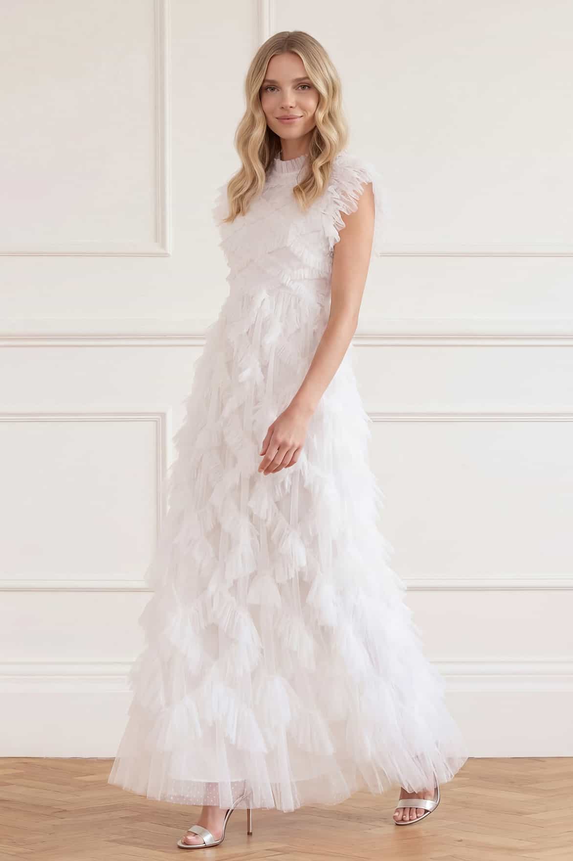 Needle & Thread Genevieve Ruffle Gown sukienka biała falbanki