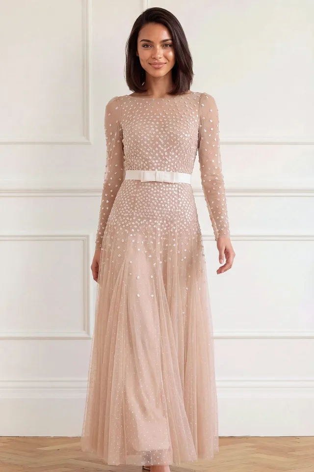 Needle & Thread Sequin Cascade Gown sukienka beżowa cekinowa