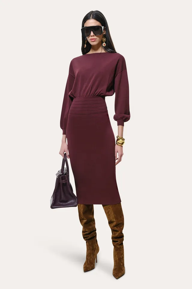 Elie Tahari Milano Yara sukienka midi bordowa dzianinowa