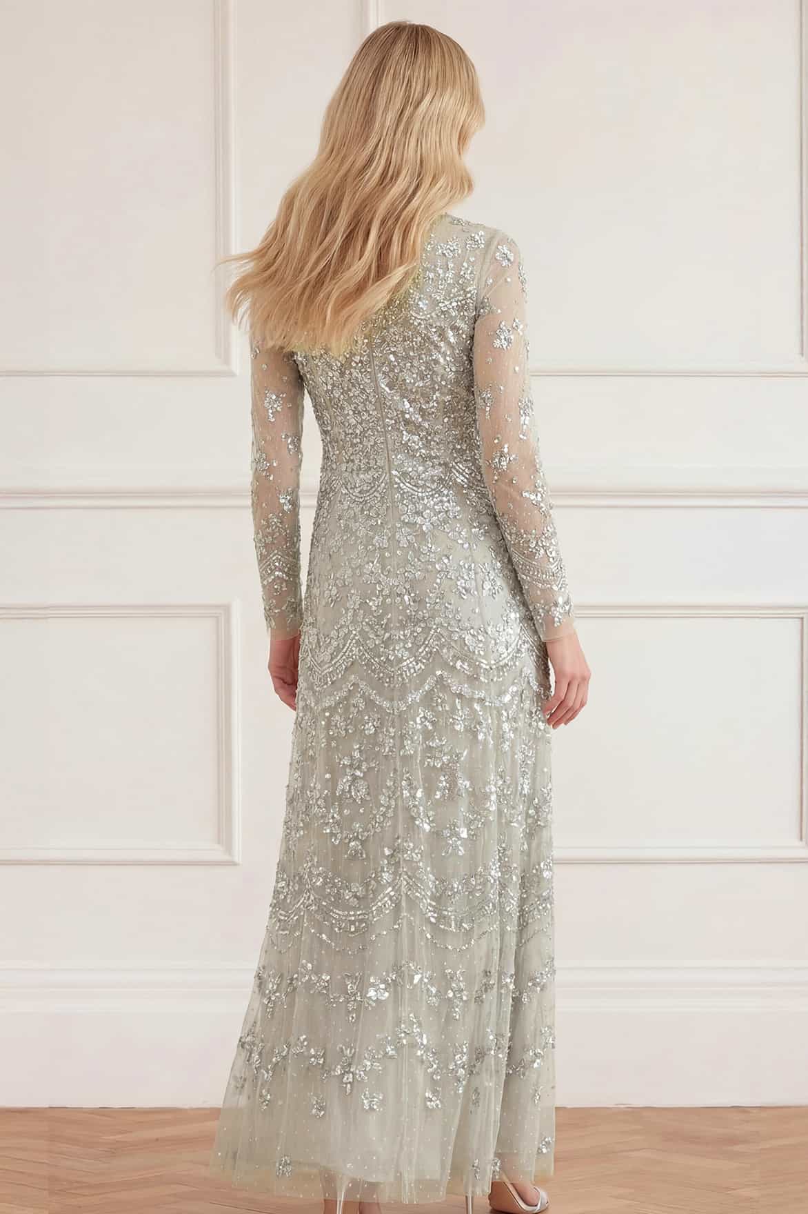 Needle & Thread Freya Long Sleeve Gown sukienka wieczorowa zielona z cekinami