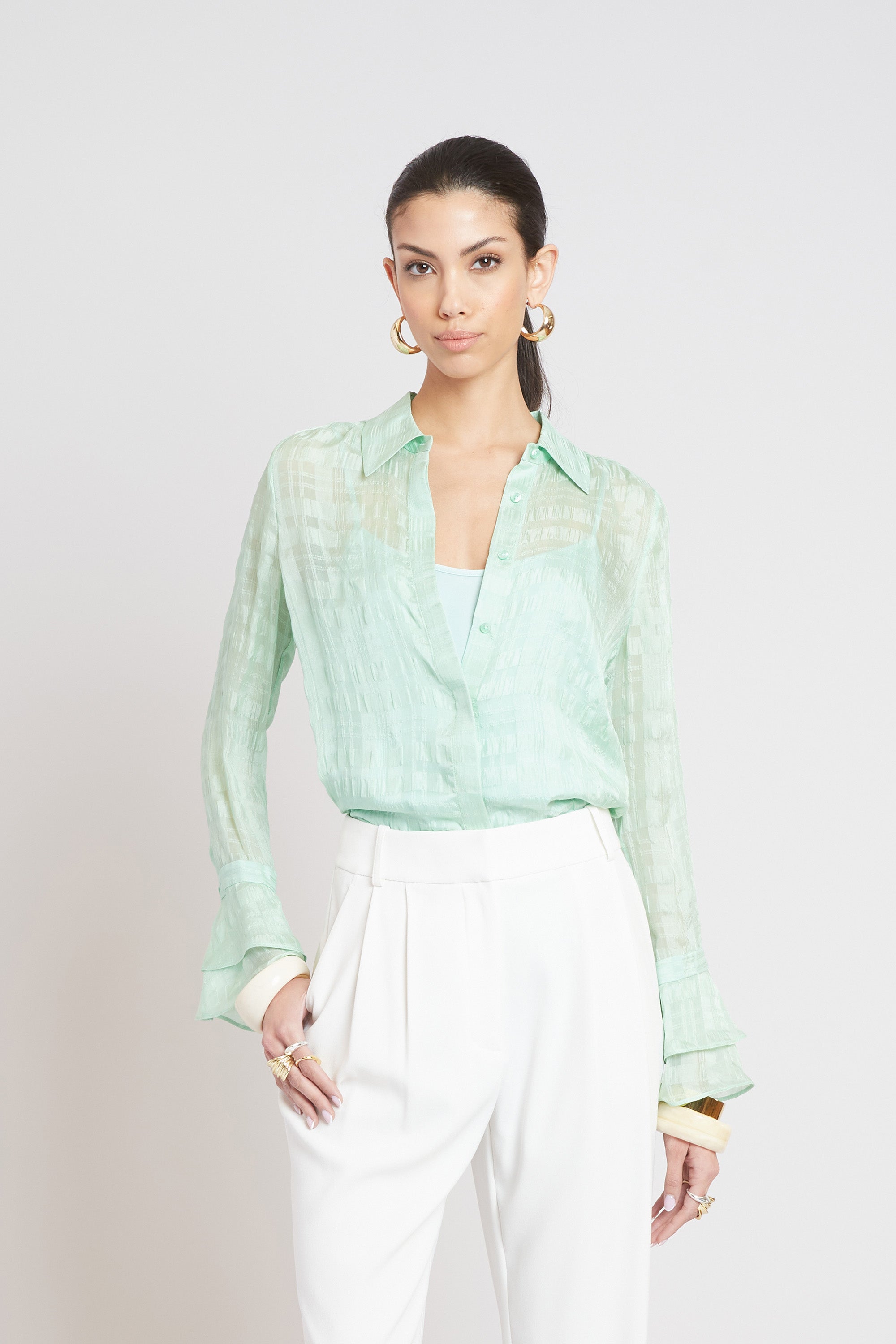 Elie Tahari Plaid Jacquard koszula jedwabna Mint