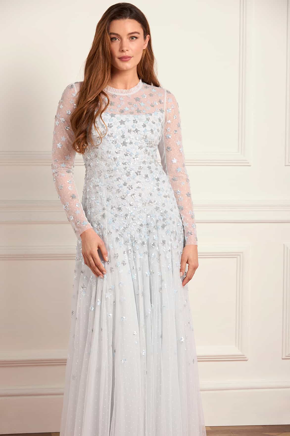 Needle & Thread Starry Nights Round Neck sukienka wieczorowa niebieska w gwiazdki