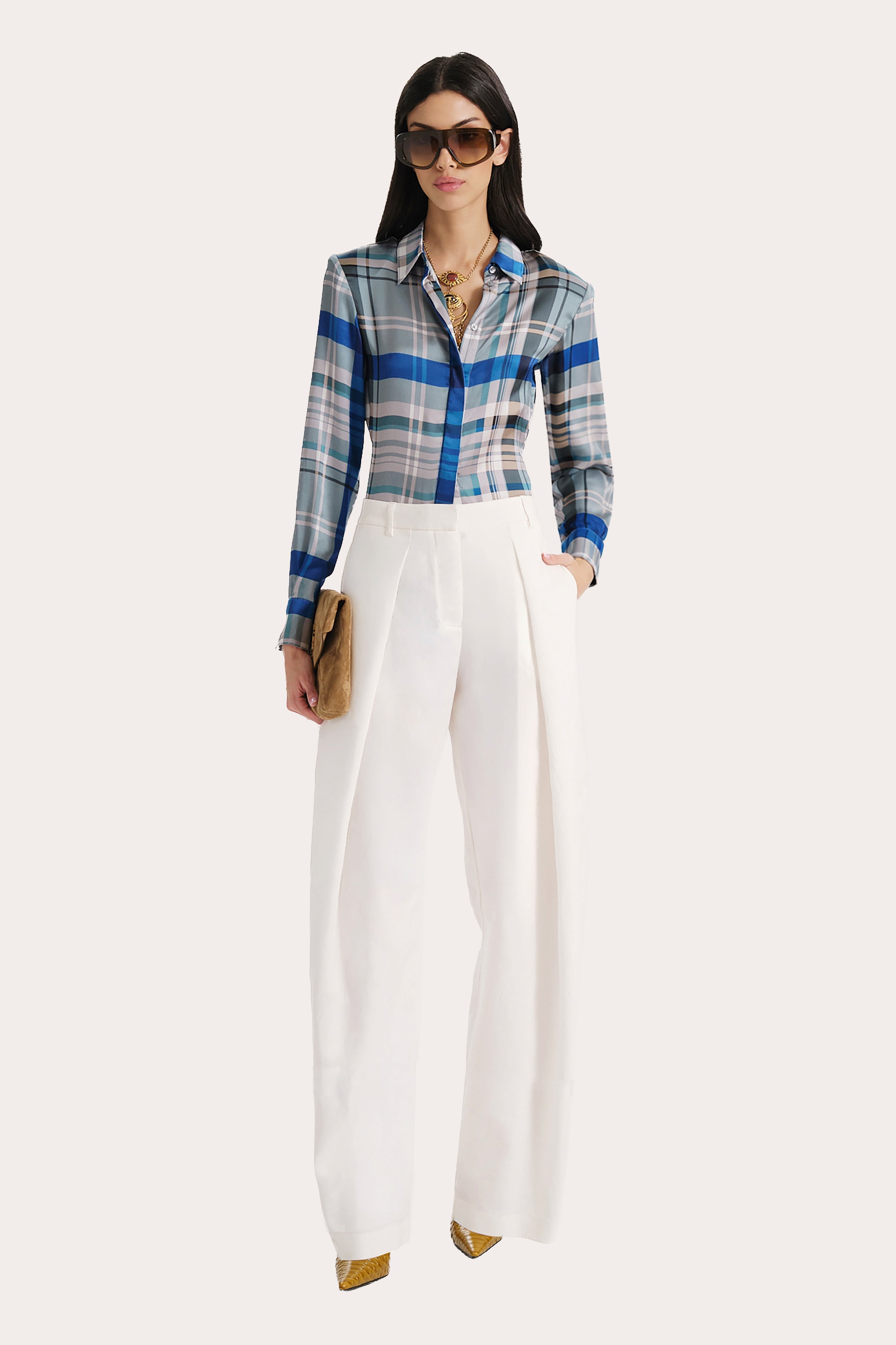 Elie Tahari Emma bluzka jedwabna w kratkę Blue Multi