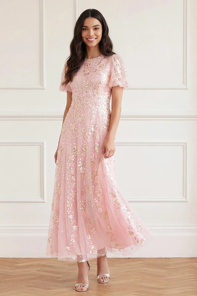 Needle & Thread Confetti Round Neck Ankle Gown sukienka różowa