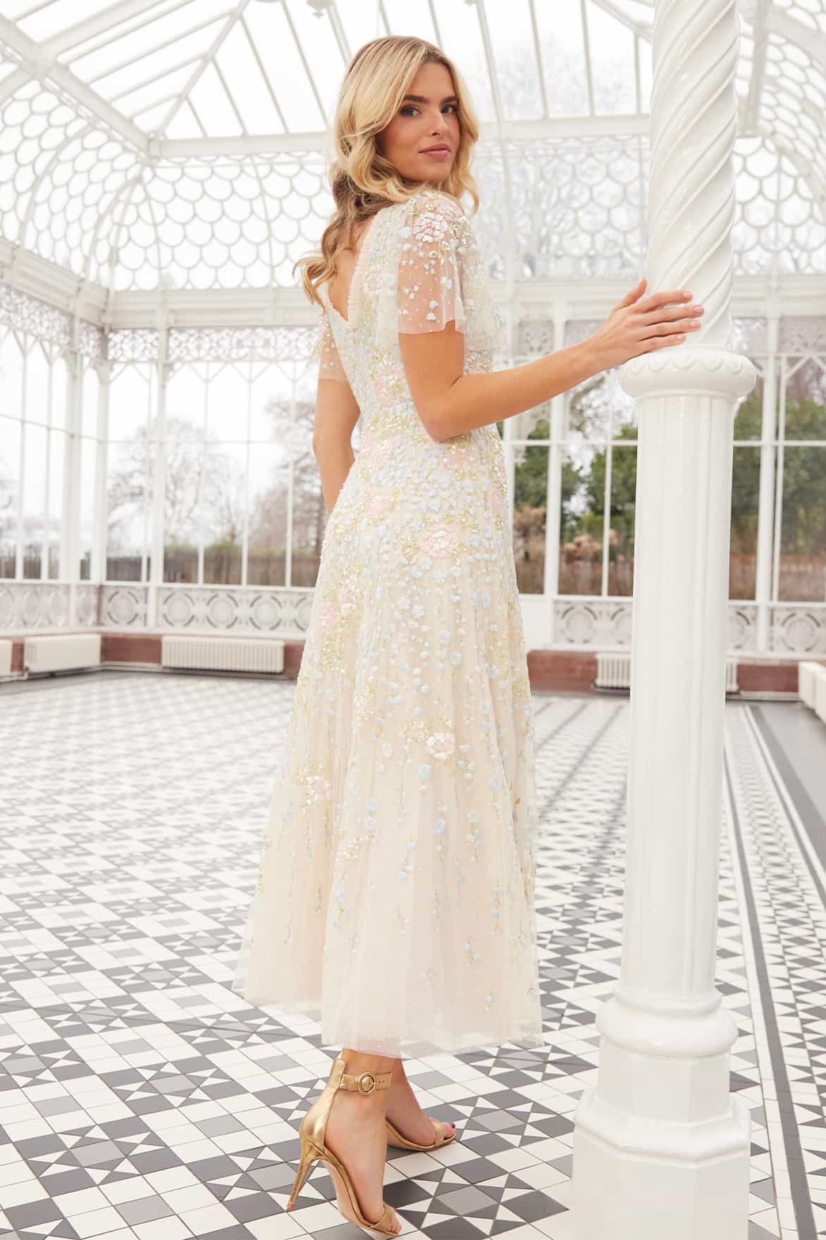 Needle & Thread Cressida Floral Ankle Gown sukienka kremowa tiulowa