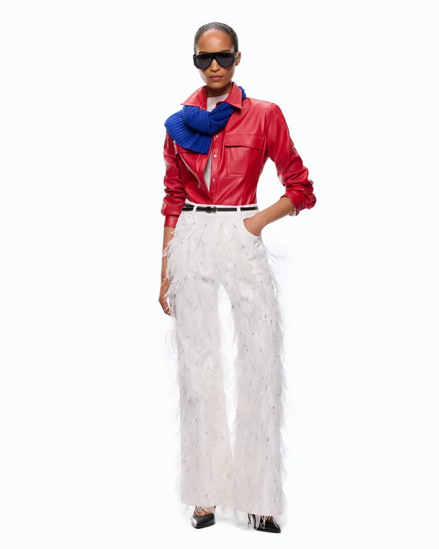 Pinko Tigra Wide Leg spodnie eleganckie białe z piórami
