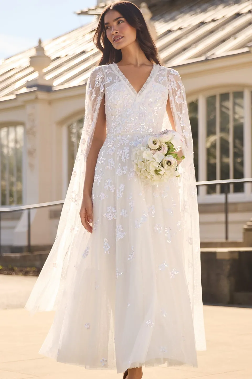 Needle & Thread Freesia Shimmer Cape Sleeve Ankle Gown suknia White
