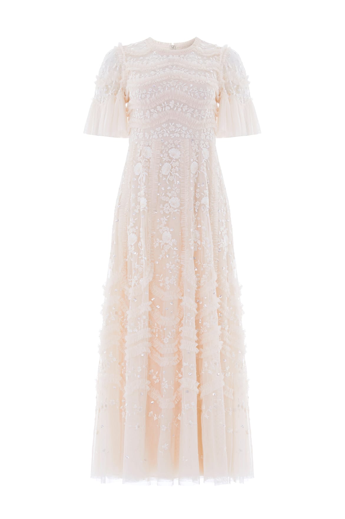Needle & Thread Gianna Ruffle Ankle Gown suknia kremowa haftowana