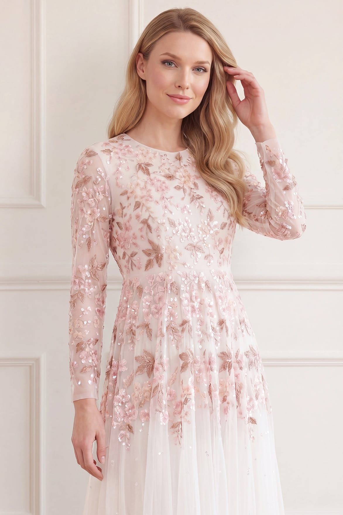 Needle & Thread Wisteria Dot Long Sleeve Gown sukienka biała haftowana