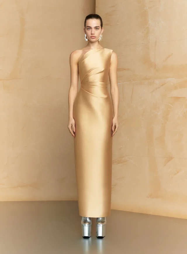 Solace London Kira sukienka maxi Caramel asymetryczna