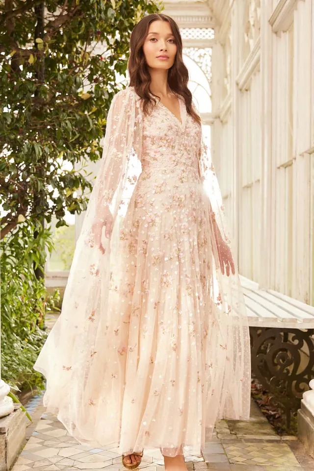 Needle & Thread Dahlia Ditsy Ankle Gown suknia kremowa haftowana