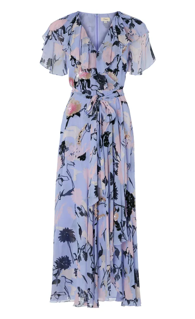 Temperley London Maisie Wrap Dress sukienka lawendowa cekinowa
