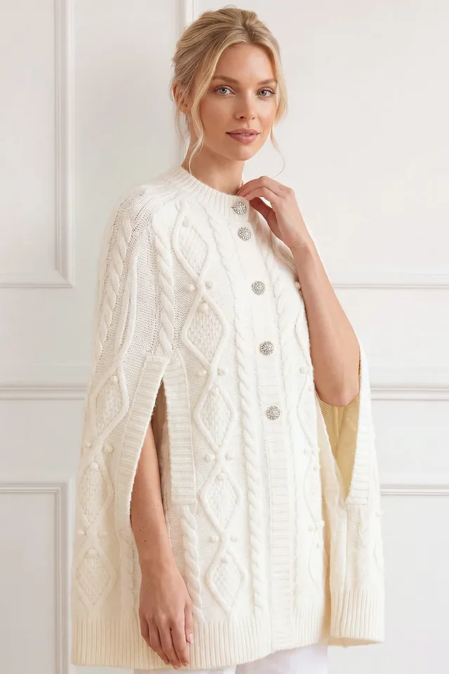 Needle & Thread Sylvie Cable Jewelled Cape peleryna kremowa z alpaki