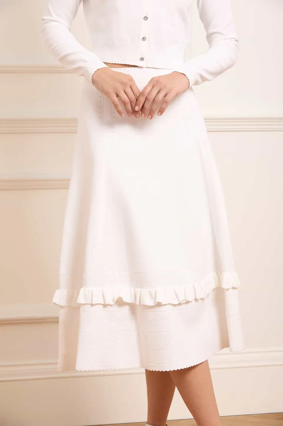 Needle & Thread Pointelle Trim Knit spodnica kremowa midi