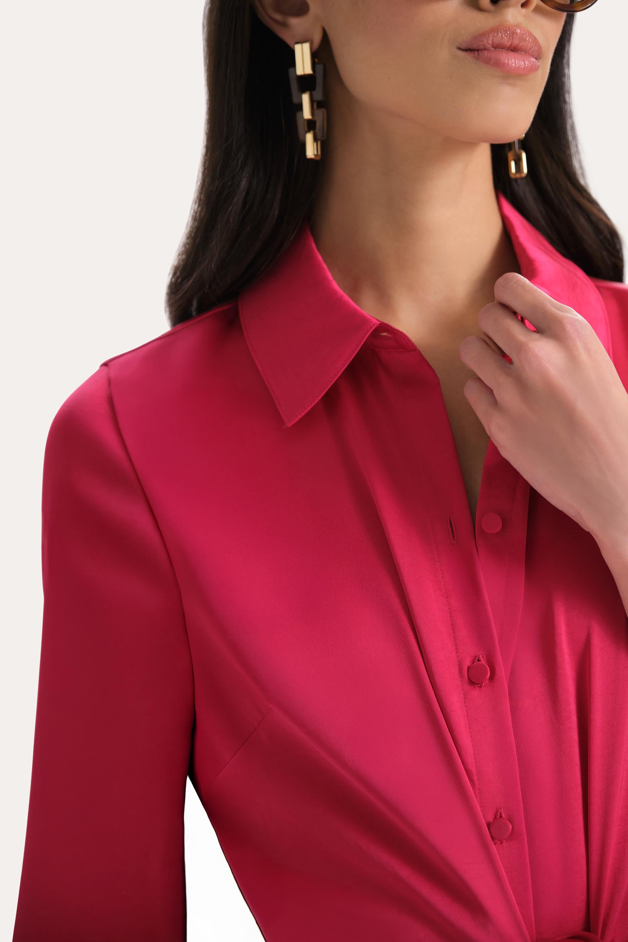 Elie Tahari Satin Tie Shirt Dress sukienka różowa Cyclamen