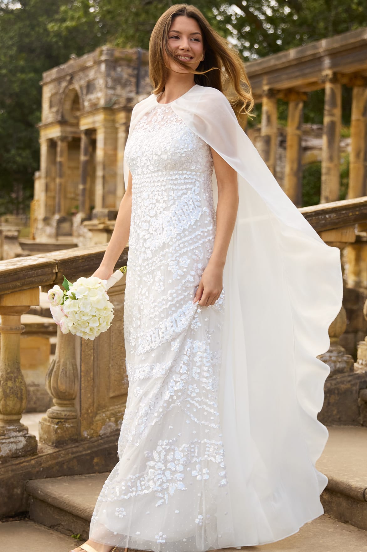 Needle & Thread Anais Sequin Cape Gown suknia biała