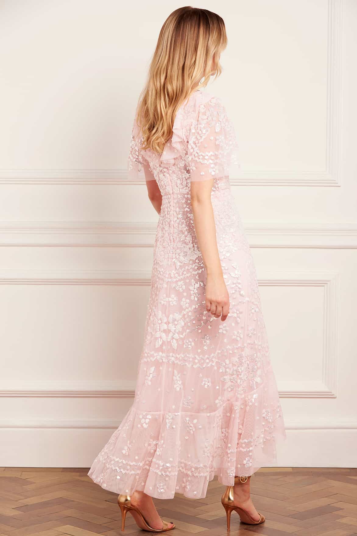 Needle & Thread Anais Sequin Frill sukienka beżowa do kostek