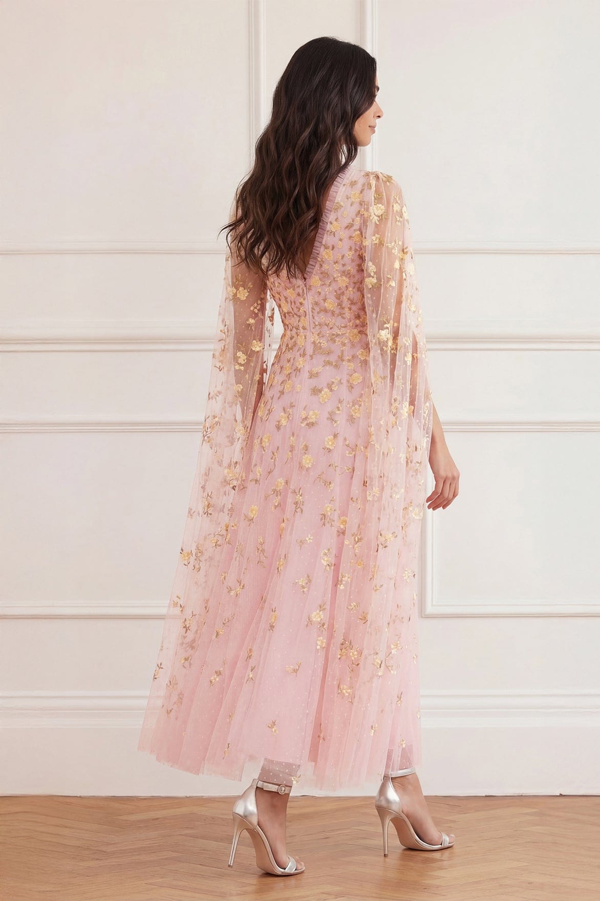 Needle & Thread Lea Ditsy Cape Sleeve Ankle Gown sukienka Pink