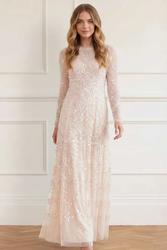 Needle & Thread Freya Long Sleeve Gown suknia kremowa z cekinami
