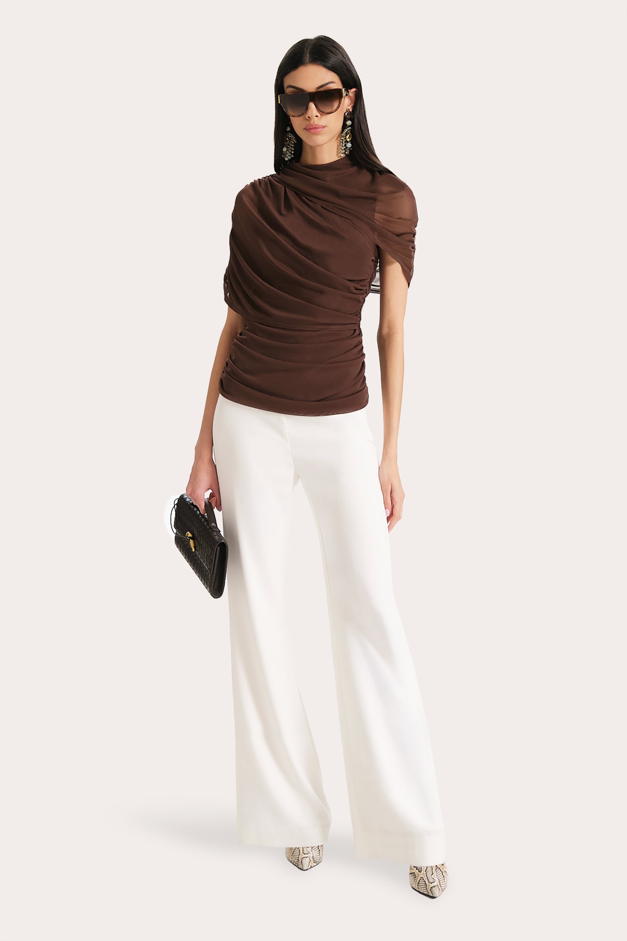 Elie Tahari Gaia top mesh drapowany brązowy