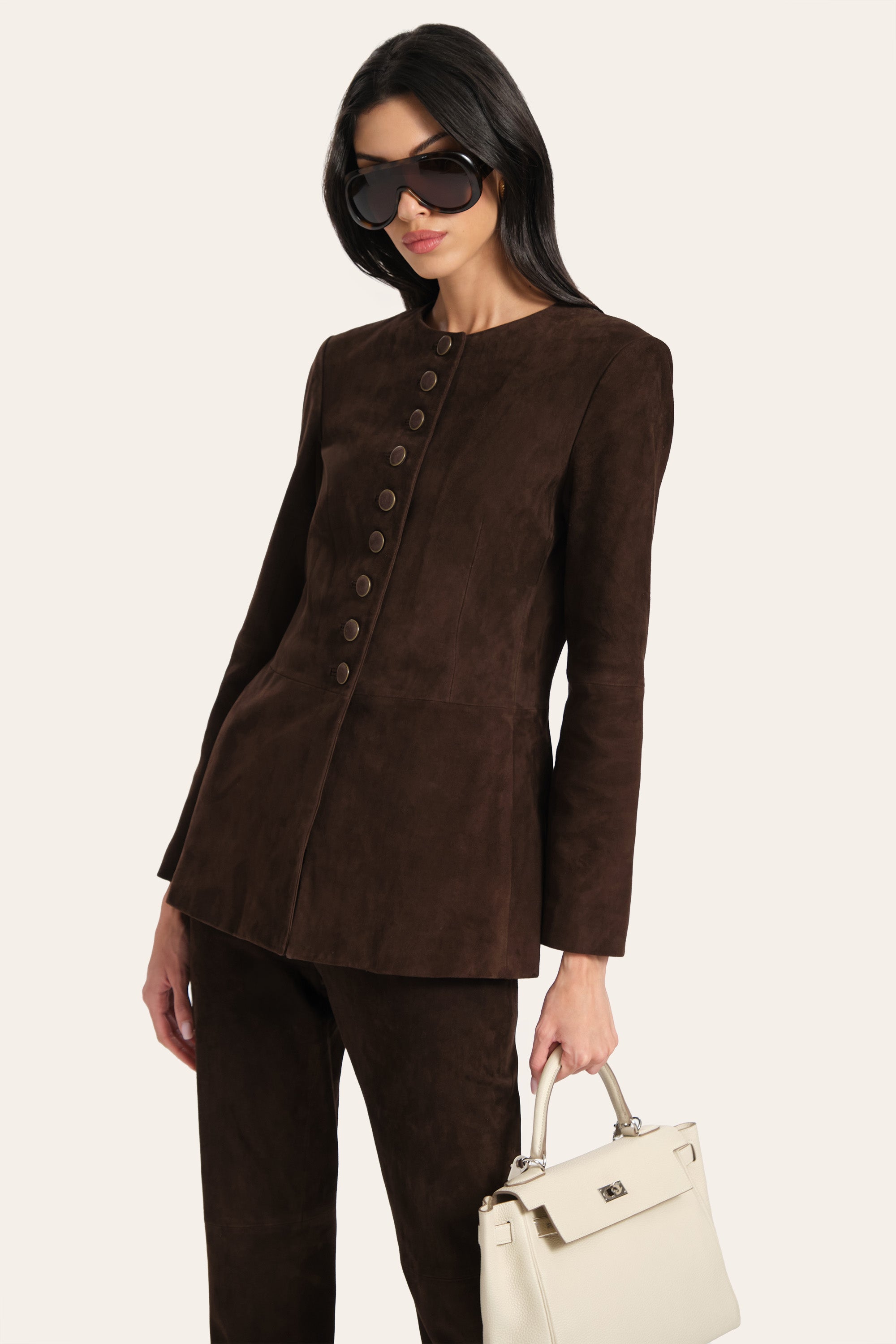 Elie Tahari Anouk Tailored Suede kurtka zamszowa brązowa koza