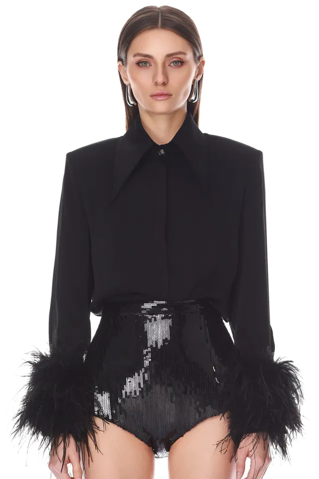 Bronx and Banco Button Down Feather Cuffs bluzka czarna