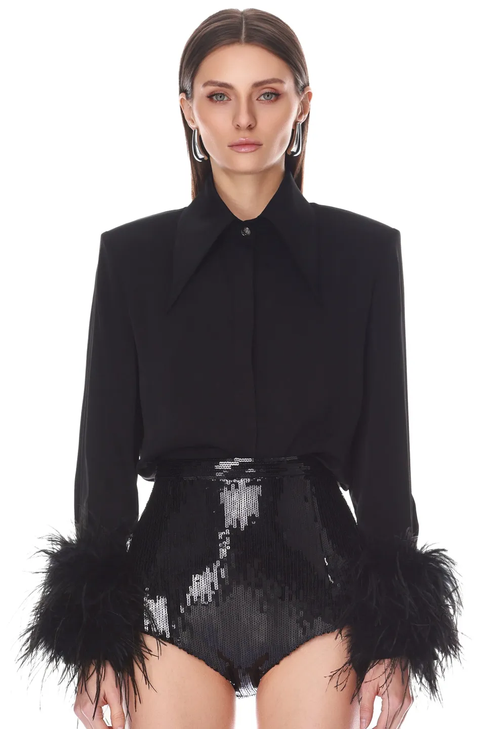 Bronx and Banco Button Down Feather Cuffs bluzka czarna