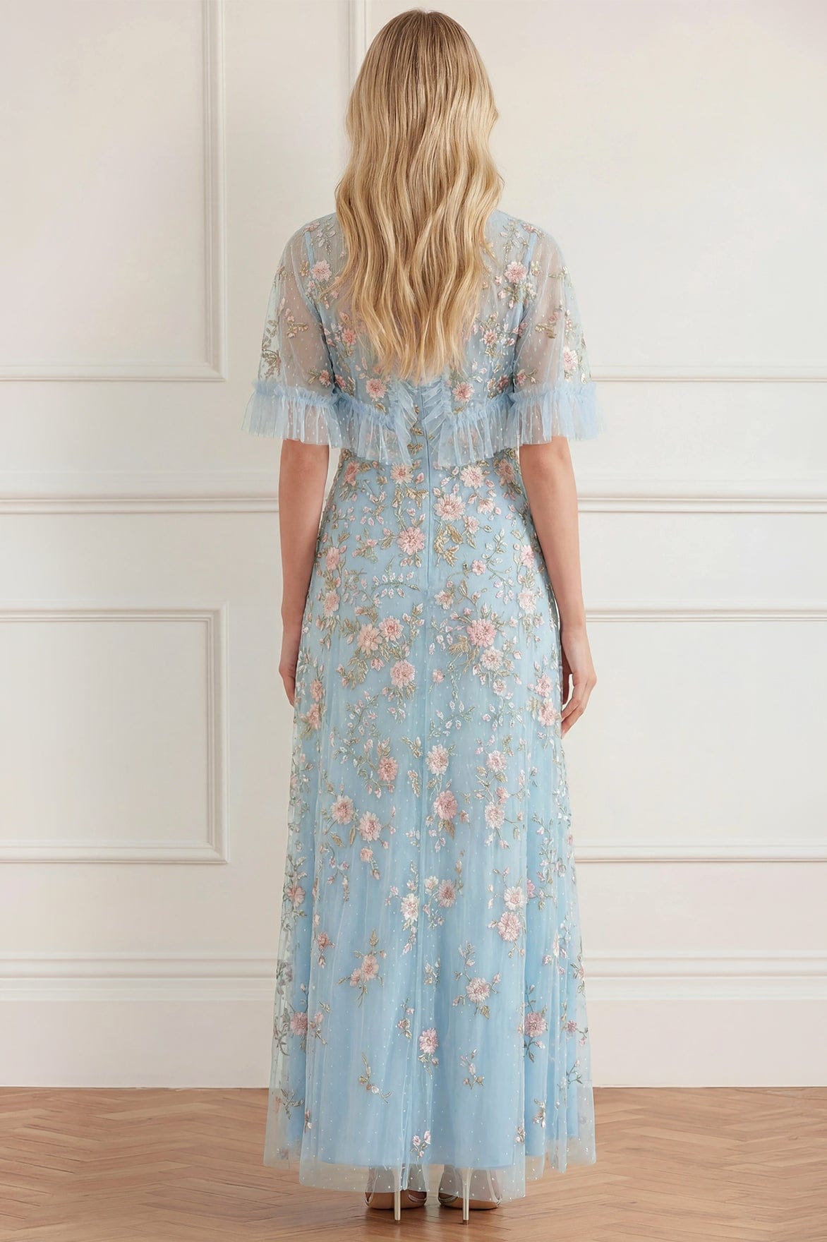 Needle & Thread Eden Rose Cape Ankle Gown sukienka niebieska