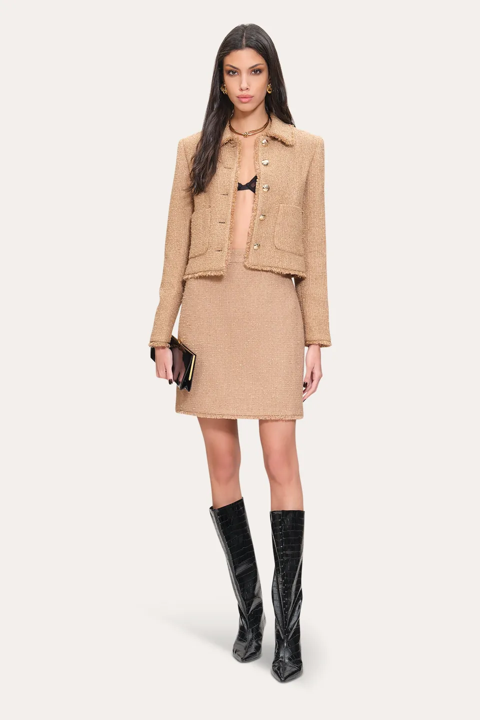 Elie Tahari Boucle Tweed żakiet Camel Multi krótki