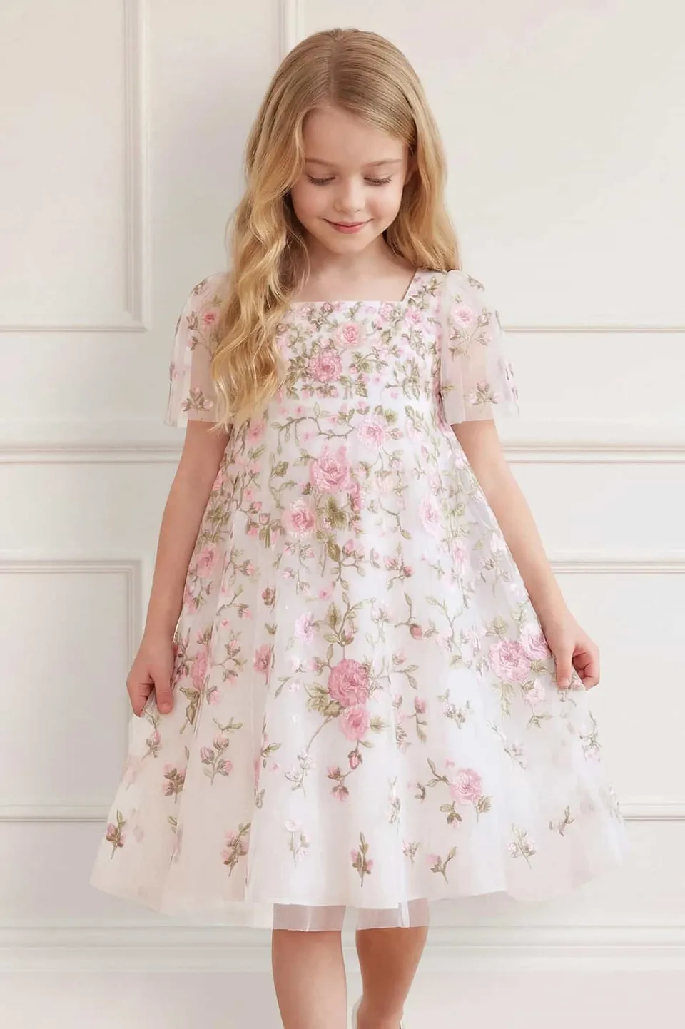 Needle & Thread Eden Rose Short Sleeve Kids Dress sukienka biała haftowana