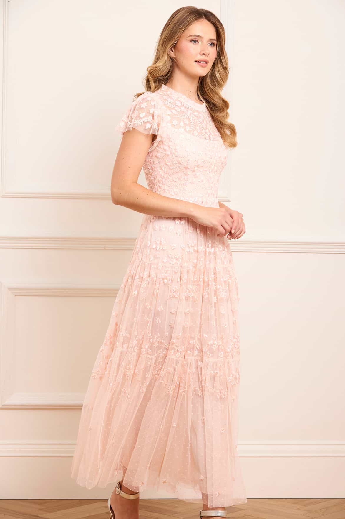Needle & Thread Clover Short Sleeve Ankle Gown sukienka różowa