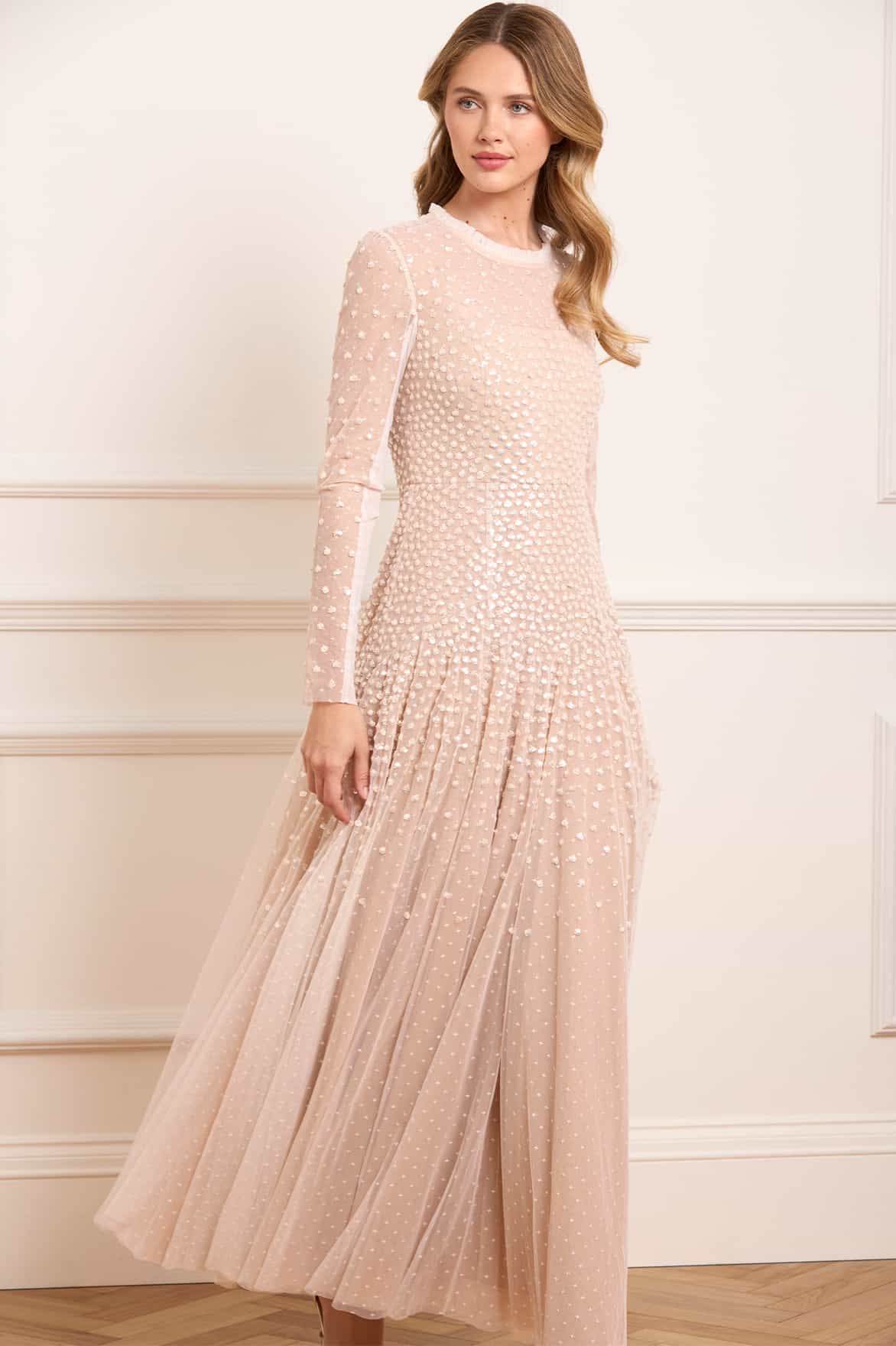 Needle & Thread Sequin Cascade sukienka kremowa cekiny maxi
