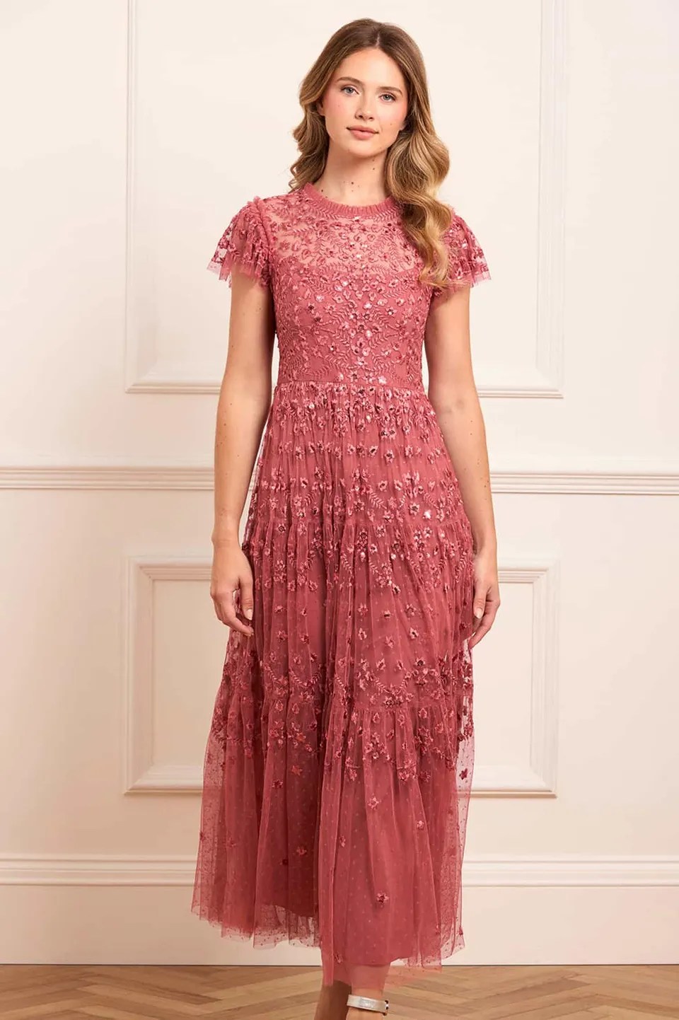 Needle & Thread Clover Short Sleeve Ankle Gown bordowa