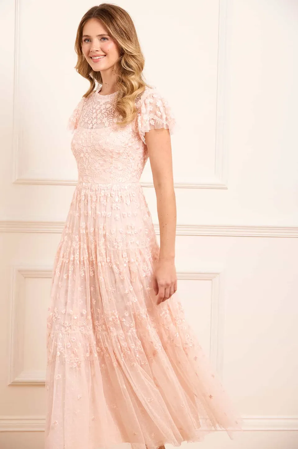 Needle & Thread Clover Short Sleeve Ankle Gown sukienka różowa