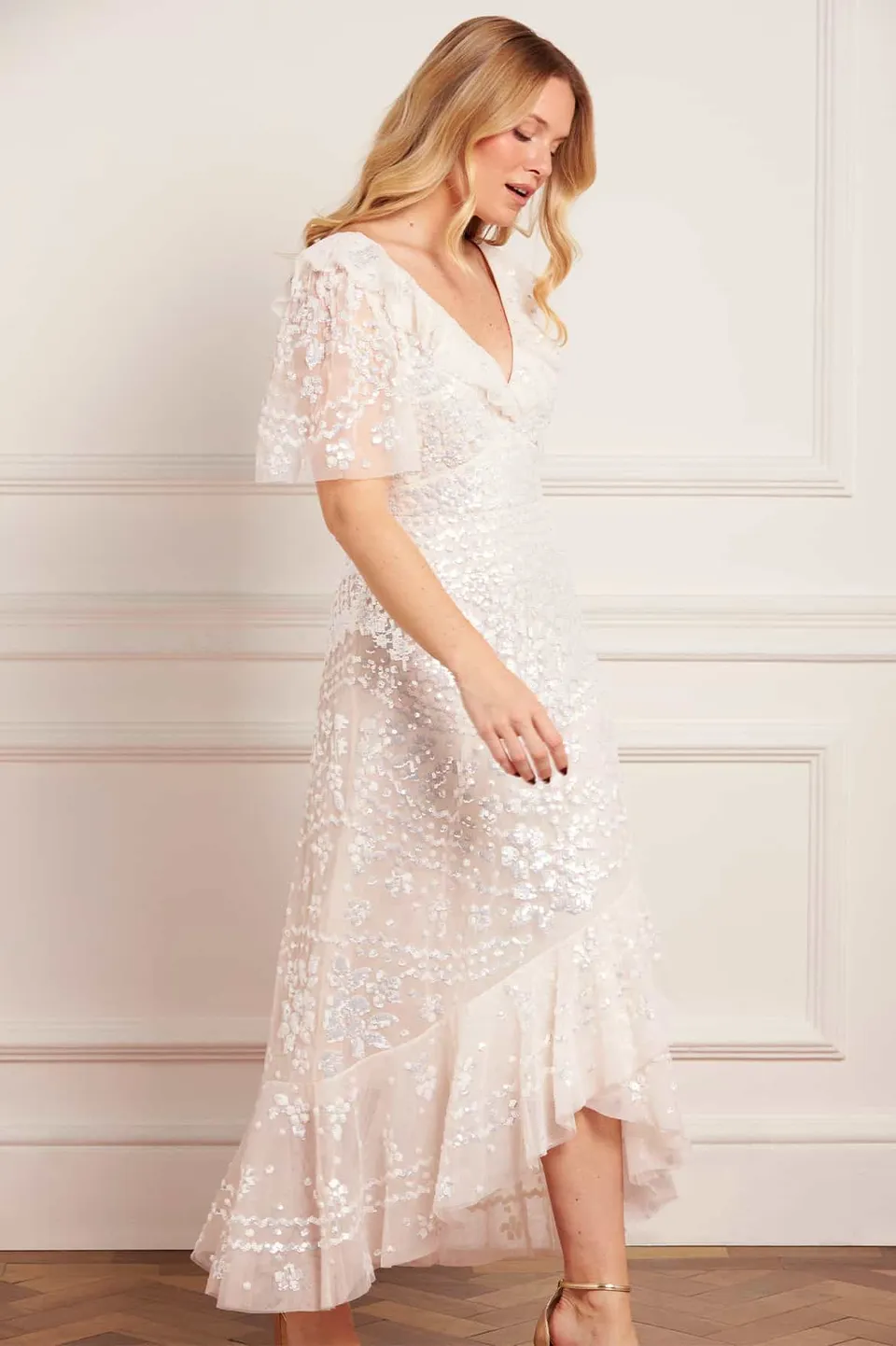Needle & Thread Anais Sequin Frill Ankle Gown sukienka kremowa