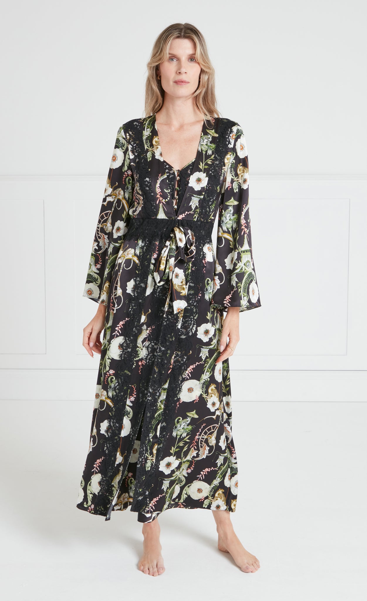 Temperley London Aphrodite Robe szlafrok czarny print koronka