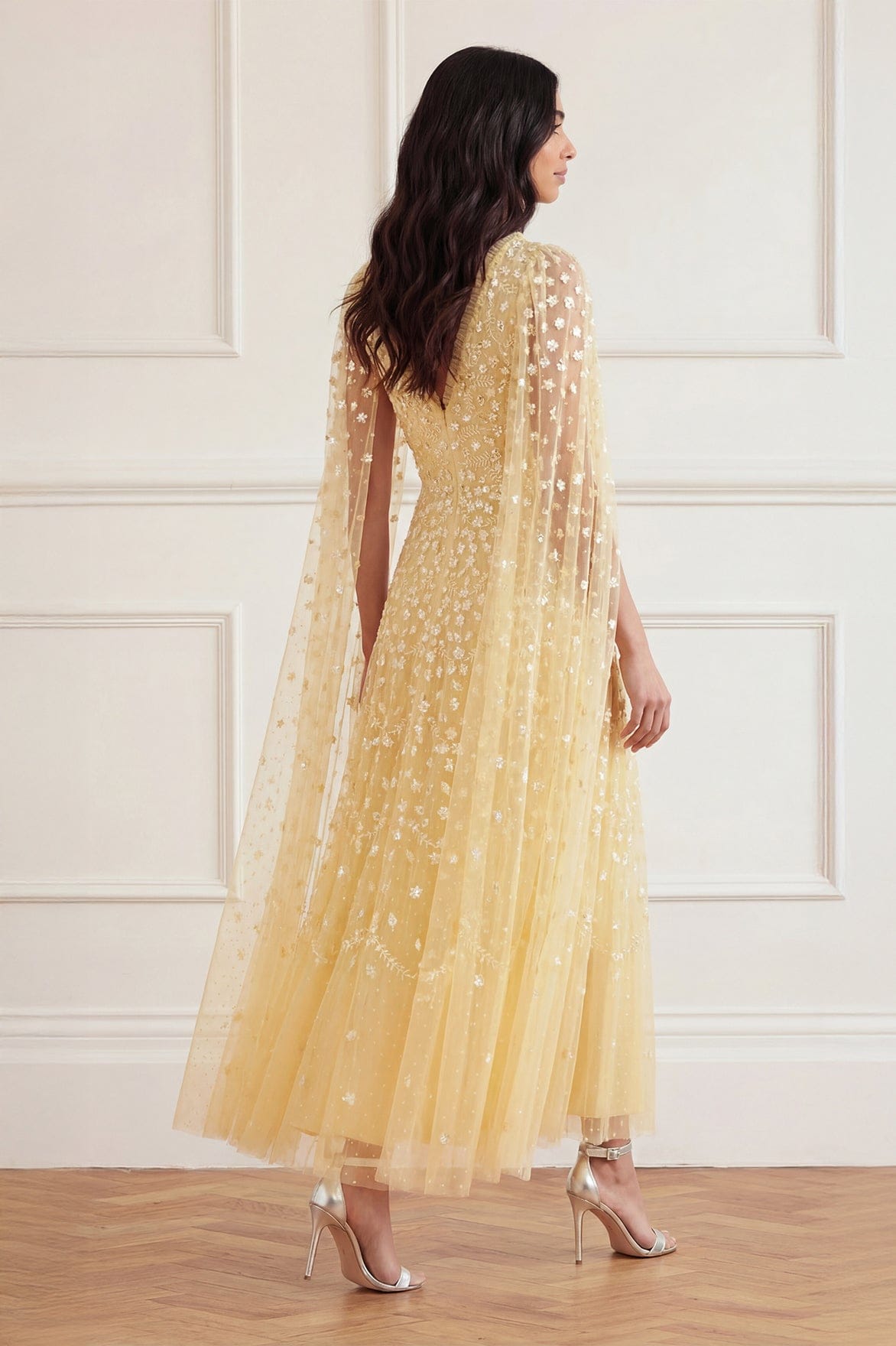 Needle & Thread Clover Cape Sleeve Ankle Gown sukienka żółta