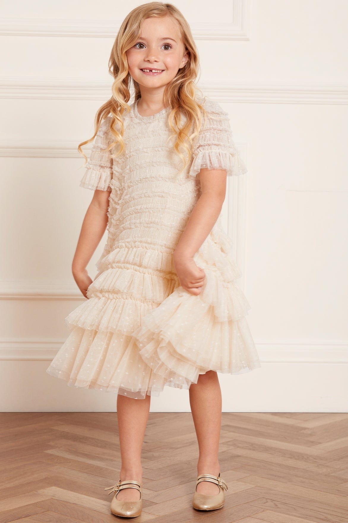 Needle & Thread Valentine Ruffle Kids Dress sukienka kremowa tiulowa