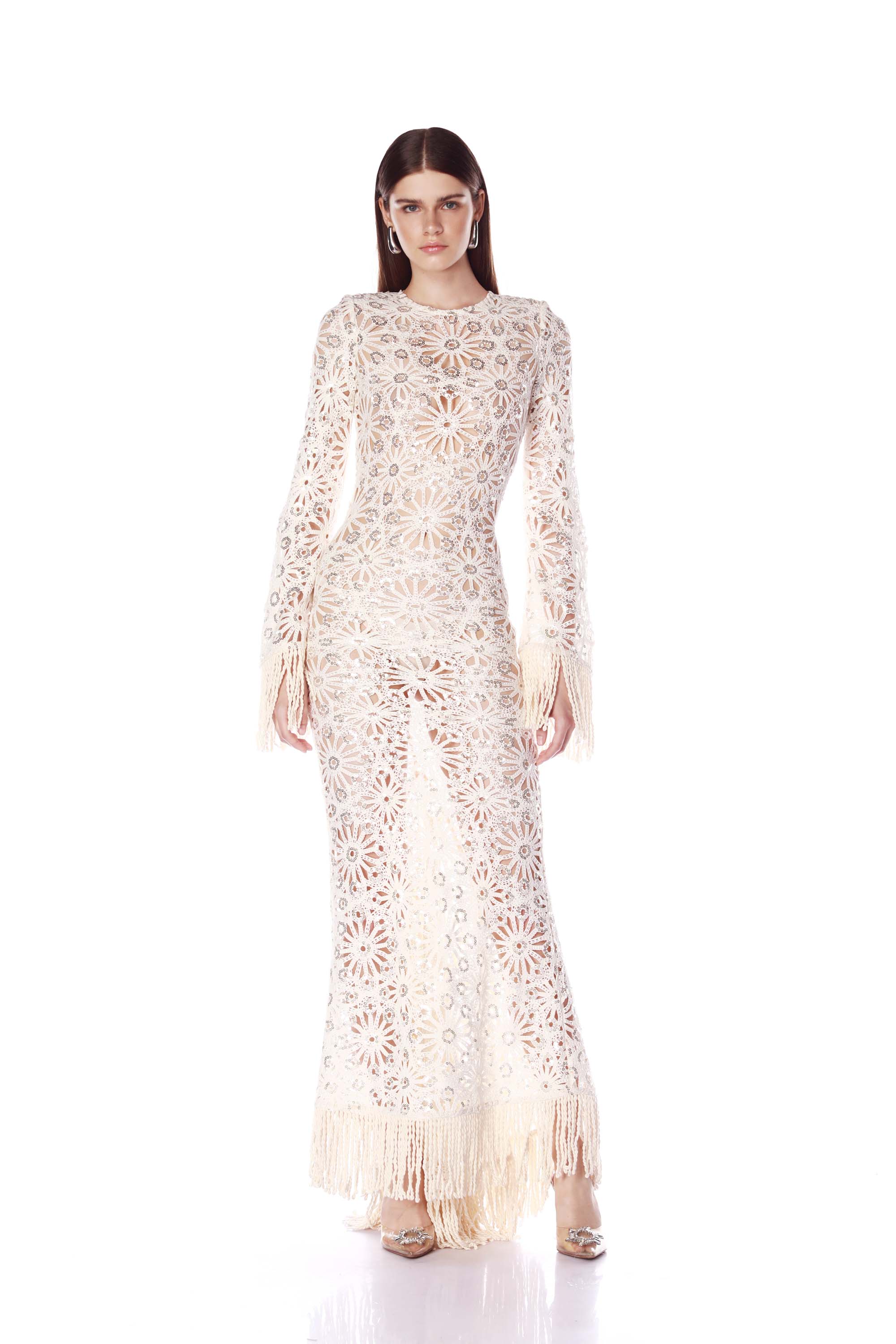 Bronx and Banco Mia Crochet sukienka wieczorowa Cream maxi ażurowa
