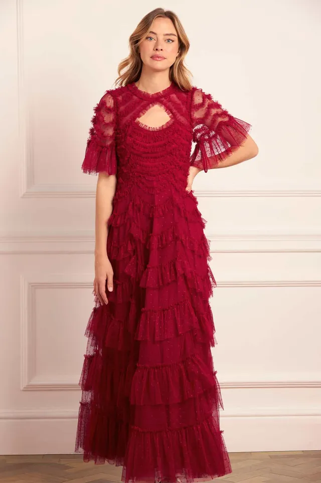 Needle & Thread Aviana Short Sleeve Gown suknia czerwona tiulowa