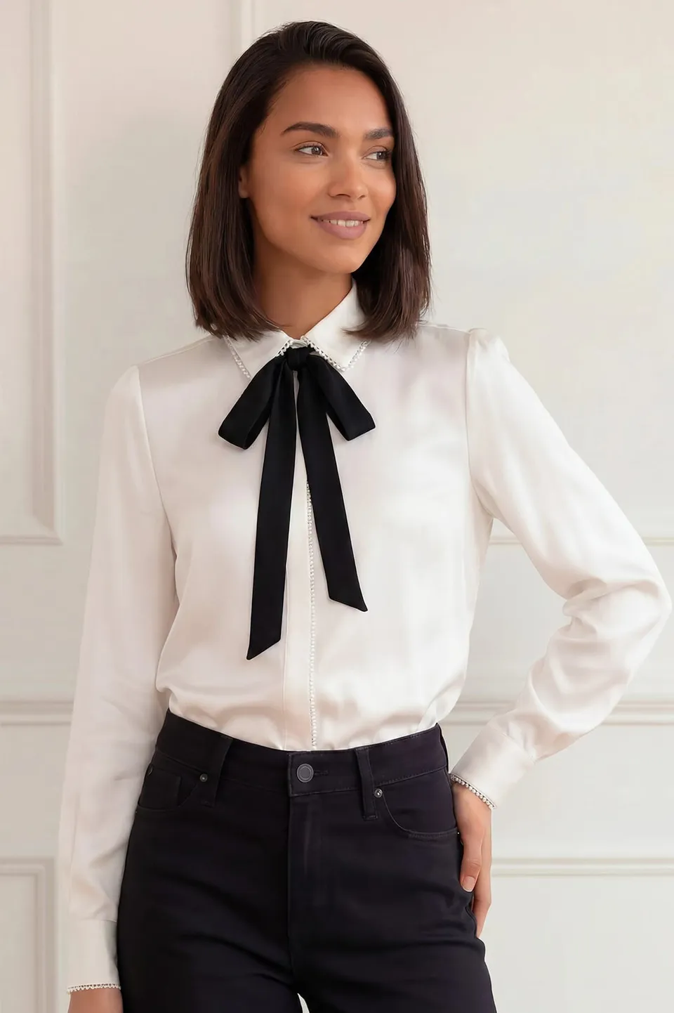 Needle & Thread Lace Trim Bow Shirt bluzka biała satynowa