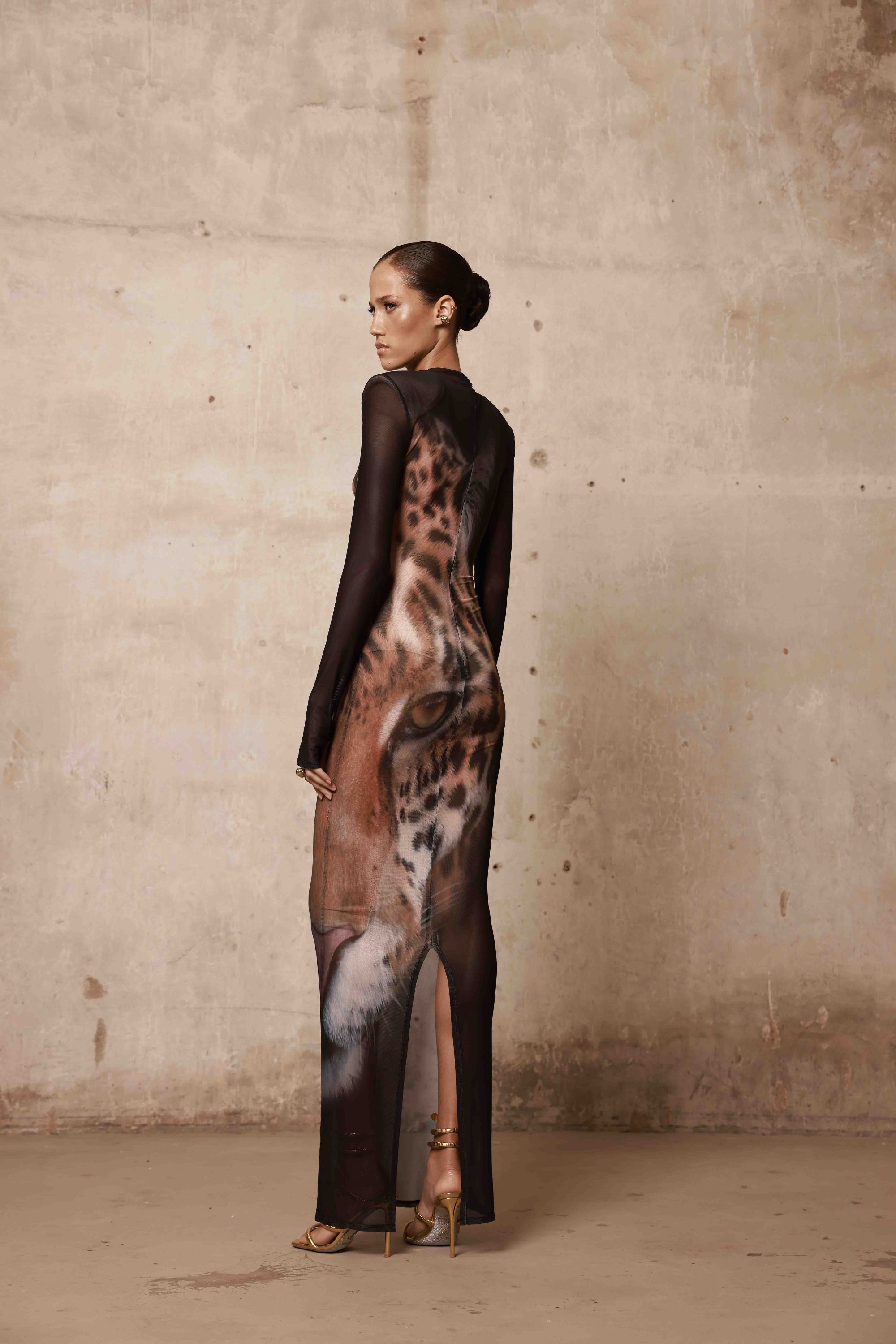 Bronx and Banco Leopard sukienka wieczorowa maxi mesh