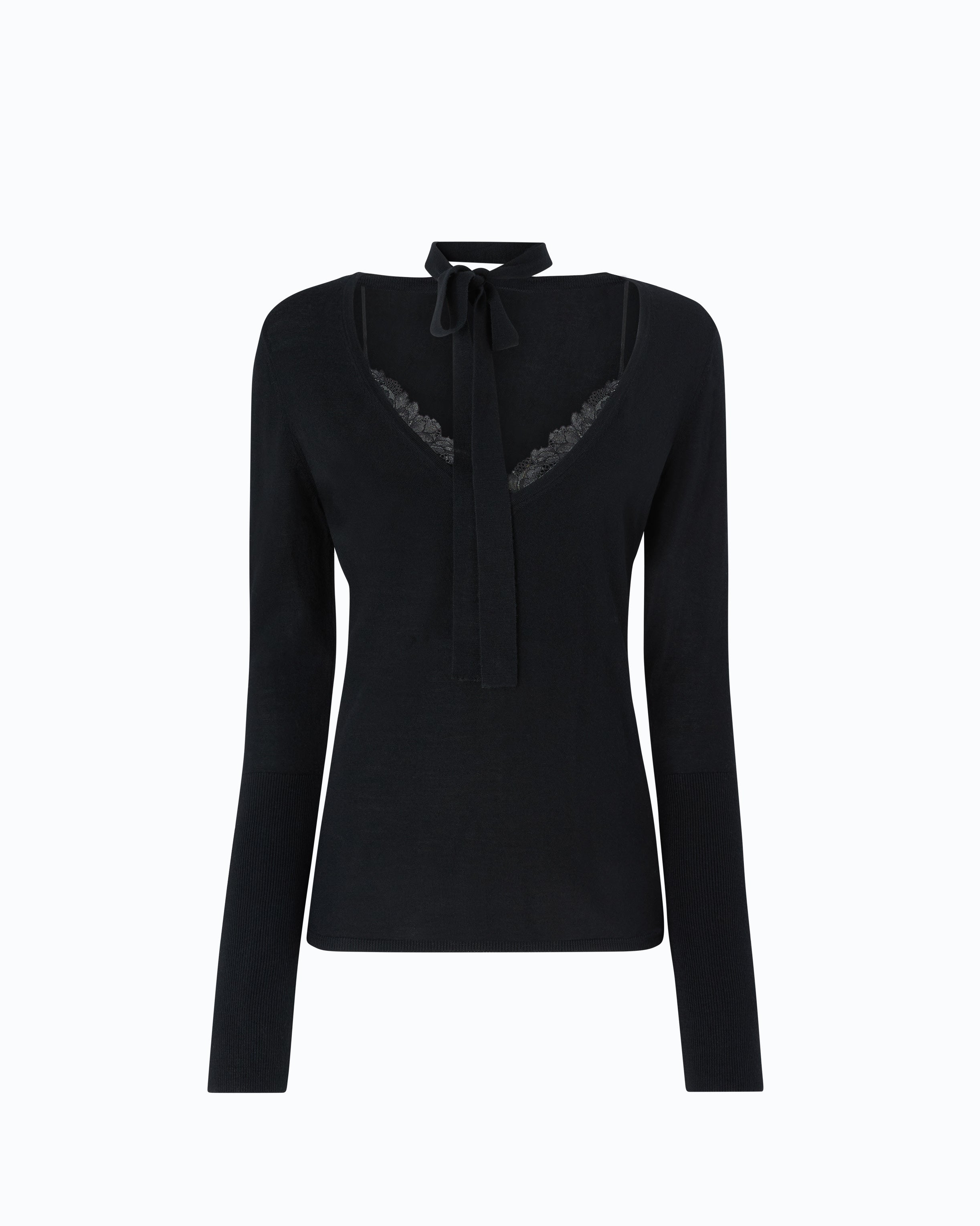Pinko Soffio Sweater sweter czarny wełniany z koronką
