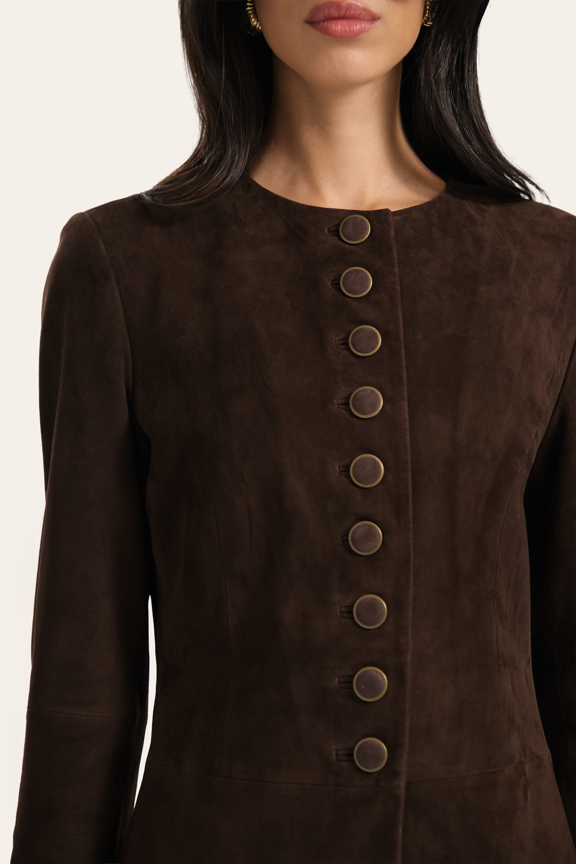 Elie Tahari Anouk Tailored Suede kurtka zamszowa brązowa koza
